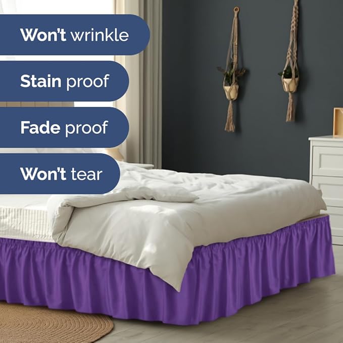 Wrap Around Dust Ruffle Bed Skirt - Purple - for King Size Beds with 15 Inch Drop - Easy Fit Elastic Strap - Adjustable Pleated Bedskirt w/Brushed Fabric - Wrinkle Free - for Women, Men, Kids & Teens