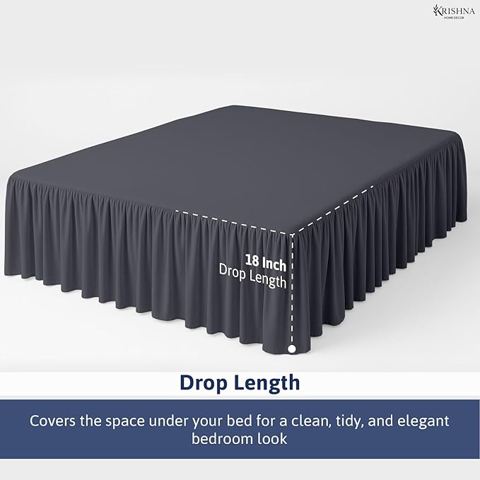 KRISHNA Ruffled Bed Skirt with Split Corners Twin, 100% Microfiber Hotel Quality, 18 Inch Drop Dust Ruffle Gathered Bedskirt with Platform, 39" x 75", Dark Grey