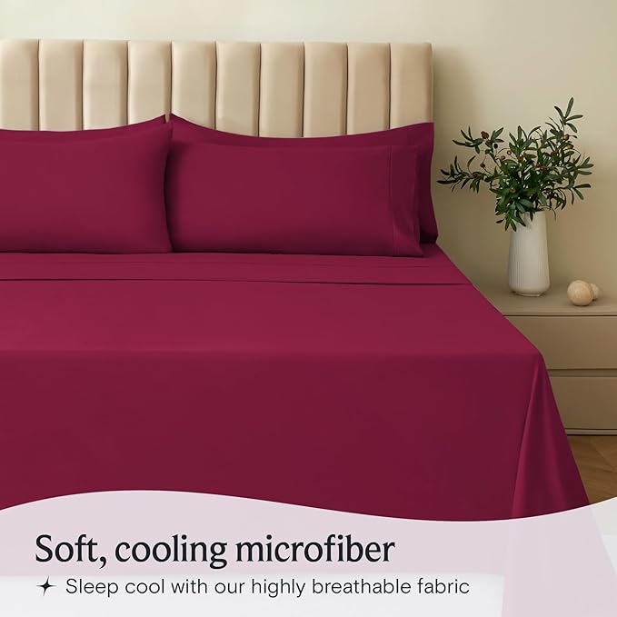 LuxClub 3 PC Twin XL Sheet Set, Deep Pockets Wrinkle Free Cooling Bed Sheets Hotel Bedding for Women, Men, Kids & Teens, Includes 1 Fitted Sheet, 1 Flat Sheet and 1 Pillowcase-Silky Soft Burgundy