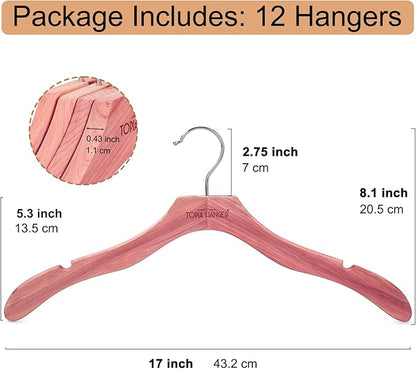 TOPIA HANGER Red Cedar Coat Hangers 12 Pack, Premium Wood Suit Sweater No Shoulder Bump Hangers, 360° Swivel Hook and Cut Notches Clothes Hangers for Sweater, Coat, Shirts, Jackets, Dress, CT84C
