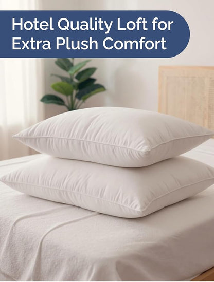 Bed Pillows Queen Size Set of 2 - 100% Cotton Breathable Cover - Premium Down Alternative for Side Sleepers, Back or Stomach - Soft Luxury Hotel Quality Pillows - Comfy, Cozy & Plush - Oeko-Tex, White