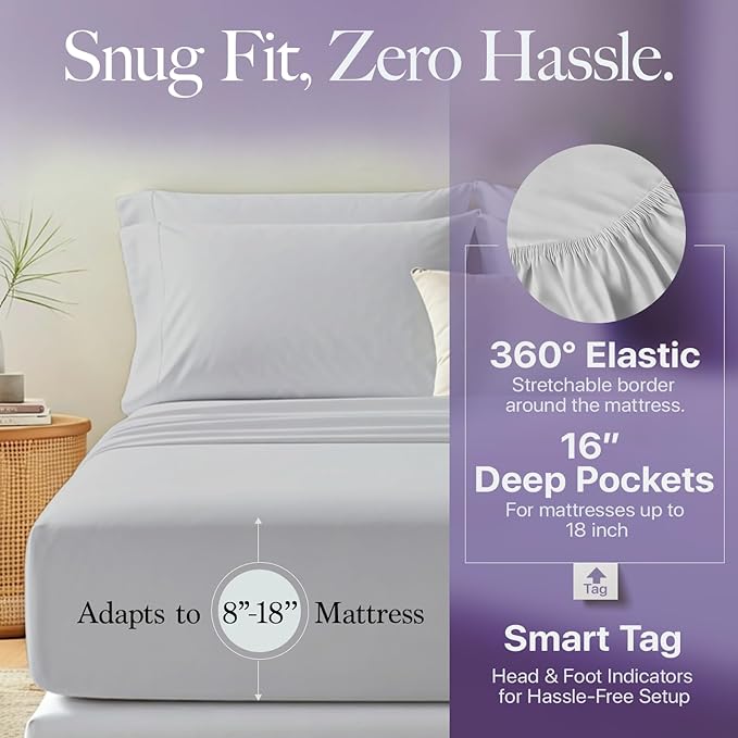 Carressa Linen 100% Egyptian Cotton Twin XL Sheets Set - 600 Thread Count Luxury Egyptian Cotton Sheets Twin XL Size (3 PC, Silver Gray), 16" Deep Pocket, Soft, Cooling, Sateen Weave Dorm Room Bedding
