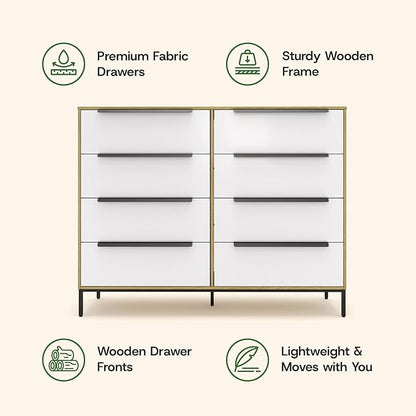 Lira Premium Fabric Dresser - Solid Wooden Frame, 8 Spacious Sag-Proof Drawers with Sleek Metal Handles - Premium & Durable Storage Solution for Your Home (Light Brown)