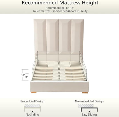 VELOCAVA Queen Size Upholstered Bed Frame with Extra Tall 71.5" 3D Geometric Headboard, Velvet-Like Fabric, 2 Storage Drawers, 30 Wood Slats, Adjustable Center Support, No Box Spring Needed, Beige