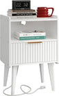 Fluted Nightstand with Charging Station, Modern Bedside Table with Drawer,White Nightstand with Solid Wood Legs, End Table,Side Table for Living Room,Bedroom White CTG57WE