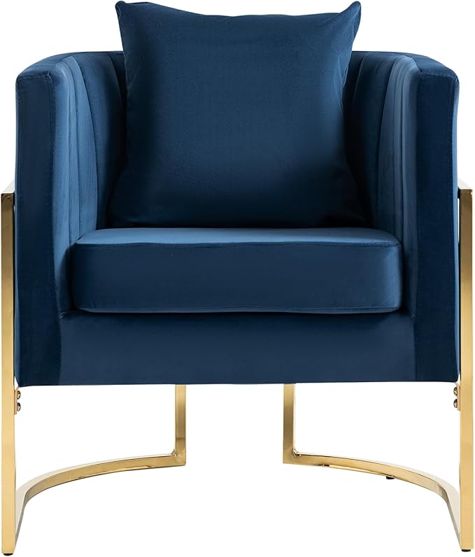 Velvet Accent Chairs Set of 2, Mid Century Modern Upholstered Armchair with Pillow for Living Room, Comfy Barrel Single Vanity Chair with Metal Gold Legs for Bedroom, Blue