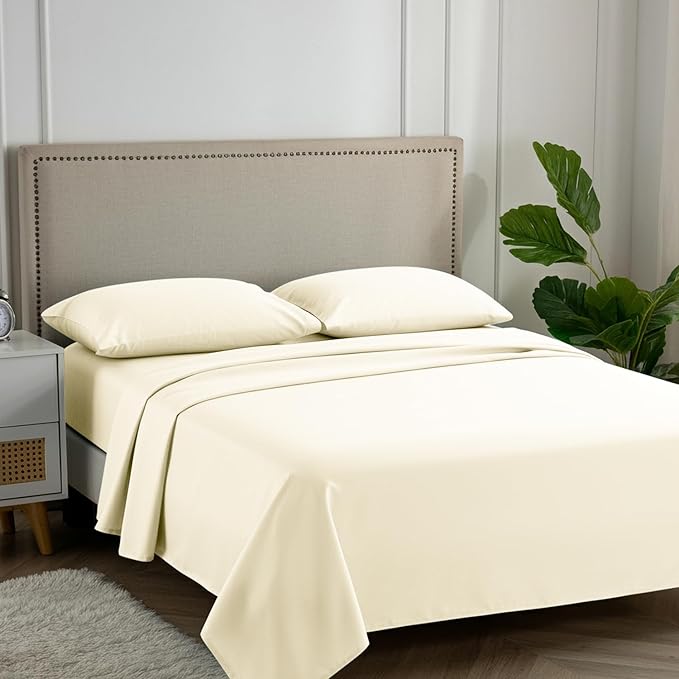 Carressa Linen 100% Egyptian Cotton Queen Sheet Set - 600 Thread Count Egyptian Cotton Queen Sheets Set (4 PC, Ivory Cream), Ultra Soft, Cooling, 16" Deep Pocket Sateen Weave Luxury Hotel Bed Sheet