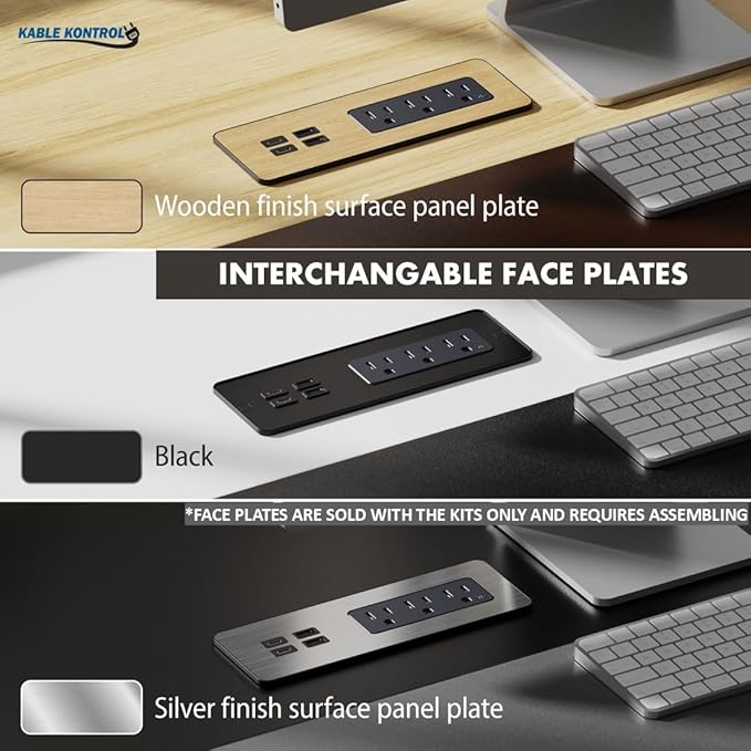 Kable Kontrol Recessed Power Strip Kit with Fast Charging 2 PD65W USB-C Ports, 2 USB-A Ports, 3 Power Desk Outlets, Replaceable Wooden Finish Panel Plate Flush Mount Charging Station Grommet - 5 Pcs