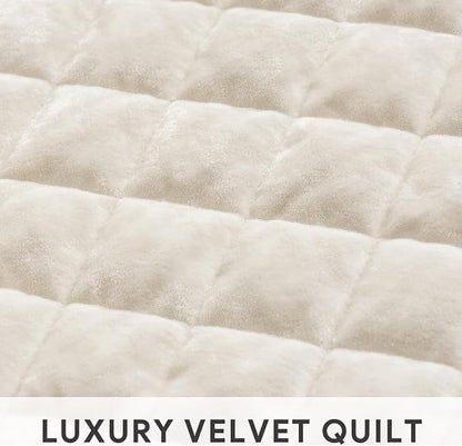 RECYCO Luxury Velvet Quilt Set Twin/Twin XL Size, Lightweight Velvet Comforter Set, Oversized Bedspread Coverlet Quilted Bedding Set, with 1 Matching Pillow Sham, for All Season, Cream White