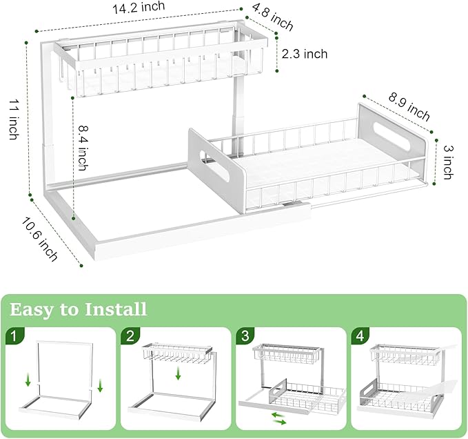 REALINN Under Sink Organizer, Pull Out Cabinet Organizer 2 Tier Slide Out Sink Shelf Cabinet Storage Shelves, Storage for Kitchen Bathroom, White, 2 Pack