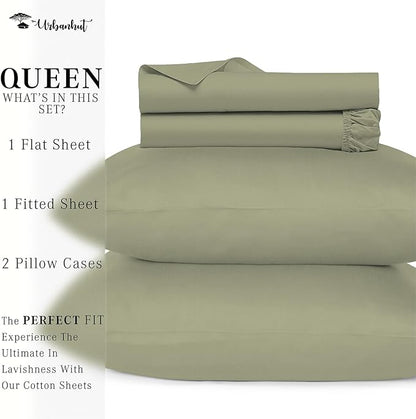 URBANHUT 800 Thread Count 100% Cotton Queen Size Sheets, Luxury 4 Piece Queen Bedsheets, Hotel Sheets Sateen Finish - Better Than Egyptian, 16" Elasticized Deep Pocket - Sage