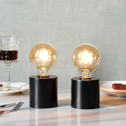 JHY DESIGN Set of 2 Black Table Lamp Battery Powered 7" Tall Cordless Lamp Light with Edison Style Bulb Battery Operated Great for Living Room Bedroom Weddings Parties Indoors Outdoors