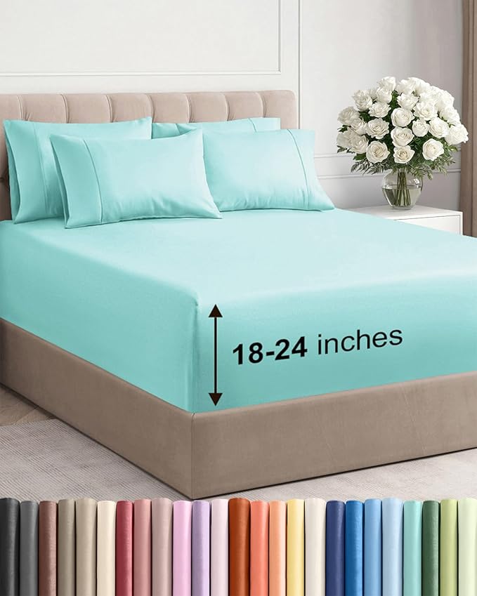 Extra Deep Queen Sheet Set - 6 Piece Breathable & Cooling Sheets - Hotel Luxury Bed Sheets Set - Easy & Secure Fit - Soft, Wrinkle Free & Comfy Sheets Set - Spa Blue Sheet Set with Extra Deep Pockets
