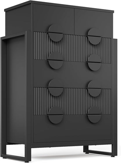 LGHM Fluted Dresser for Bedroom with 6 Drawers, Modern 6 Drawers Dressers with Semicylinder Fluted, Solid Chest of Drawers, 44.5" Tall Dresser with Stable Steel Frame, Metal Handles, Black