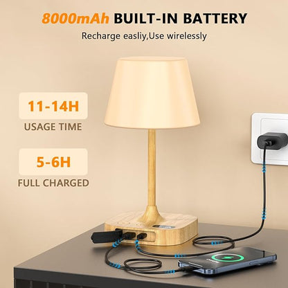 Outdoor Table Lamp - 8000mAh Cordless Rechargeable Battery,Dimmable LED Display Touch Lamp for Camping Patio and Bedroom (Wood Grain)
