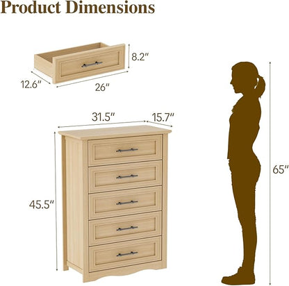 Farmhouse 5 Drawers Dresser, 45.5" H Modern Country Storage Dressers with Brushed Metal Handles, Wood Storage Organizers for Bedroom, Living Room, Hallway, Light Oak