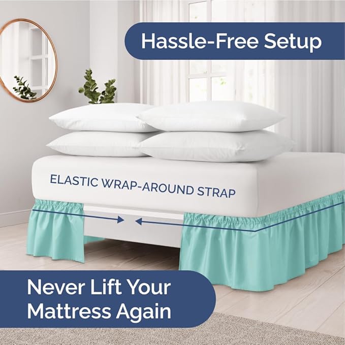 Wrap Around Dust Ruffle Bed Skirt - Spa Blue - for King Size Beds with 18 Inch Drop - Easy Fit Elastic Strap - Adjustable Pleated Bedskirt w/Brushed Fabric Wrinkle Free - for Women, Men, Kids & Teens