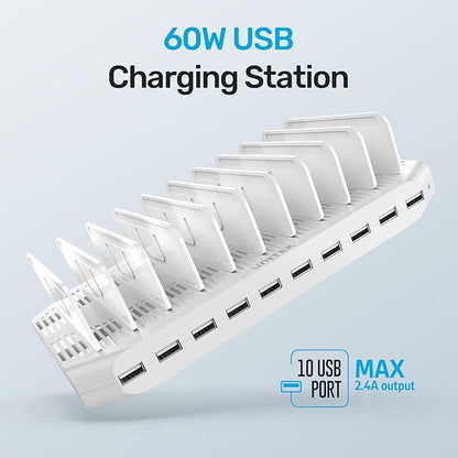 【10PCS】 Unitek Multi Charging Station, 10-Port USB Charger for Multiple Device with SmartIC Tech and Adjustable Dividers, Organizer Stand Compatible with iPad, Tablet, Kindle, iPhone - 10PCS, White