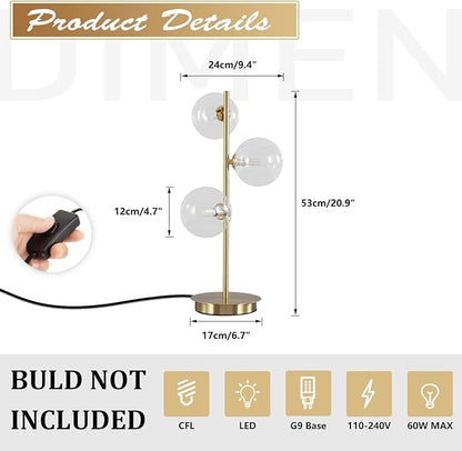 Glass Table lamp Gold,3-Globe Table lamp Tall,Reading Lamp for Bedroom Living Room Study Room