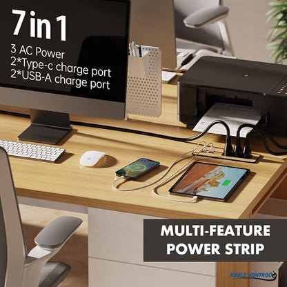 Kable Kontrol Recessed Power Strip with Fast Charging 2 PD65W USB-C Ports, 2 USB-A Ports, 3 Power Desk Outlets, Flush Mount Furniture Charging Station Grommet for Side Table, End Table - Black