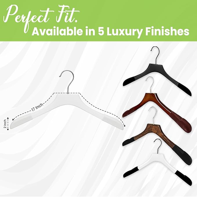 Premium Luxe Wooden Hangers for Women, Wide Shoulder Design for Dresses, Skirts, Sweaters & Blouses, Heavy Duty with Velvet Grip, White with White Velvet, 30 pcs