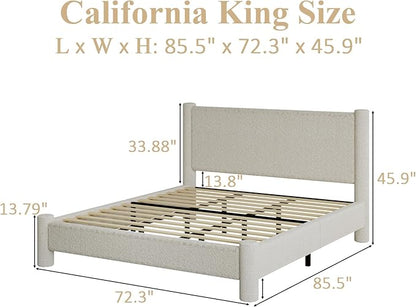 California King Size Bed Frame, Boucle Bed Frame with Headborad, Soft Upholstered Platform Bed Frame with Rounded Corners, No Box Spring Required, Easy Assembly, Cream