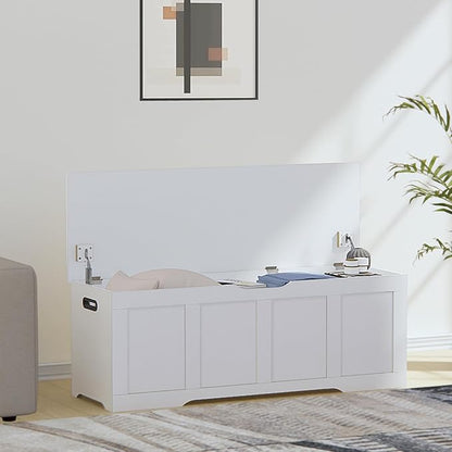 47.2" Storage Chest, Extra Large Storage Trunk with 2 Safety Hinges, Wooden Storage Bench, Shoe Bench, Entryway Bench for Living Room, Bedroom, White