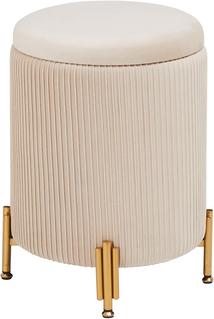 Mxfurhawa Round Ottoman Foot Stool with Storage and Metal Legs for Living Room Bedroom, Velvet Upholstered Footrest Stool Support 300lbs Modern Padded Seat Ottoman Coffee Table (Beige)