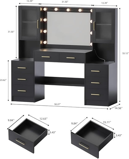 Black Vanity Desk with Mirror, Lights & Charging Station, 58.3" 3 Lighting Modes Makeup Desk with 8 Drawers, 2 Cabinets and Lots Storage, Dressing Table Vanity Set with Lighted Mirror