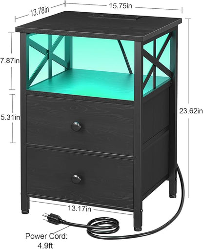 AMHANCIBLE Nightstand with Fast Charging Station, End Table Living Room with USB Charger, Power Outlet, Bed Side Table with Fabric Drawers for Bedroom HET052LBK1