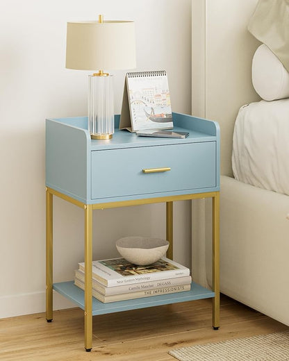 Masupu Nightstand,Bedside Table 3-Tier Modern Night Stand with Storage Drawer and Shelf,Small End Side Table for Bedroom,Living Room,Black (Without Outlet, Blue)