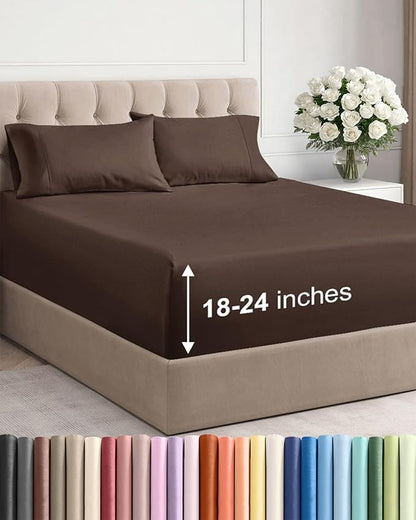 Extra Deep Twin XL Sheet Set - 4 Piece Breathable & Cooling Sheets - Hotel Luxury Bed Sheets Set - Easy & Secure Fit - Soft, Wrinkle Free & Comfy Sheets Set - Brown Sheet Set with Extra Deep Pockets