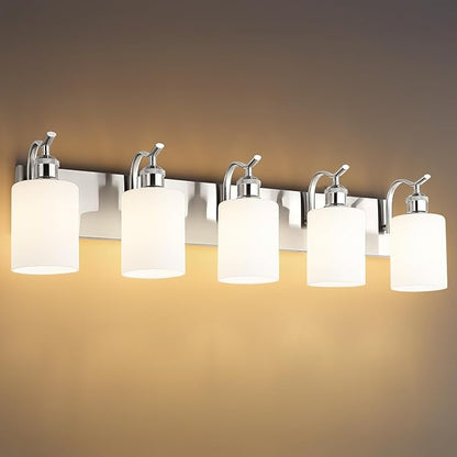 5 Light Bathroom Vanity Light, Brushed Nickel Vanity Lights for Morden Bathroom Lighting Fixtures Over Mirror Wall Light Fixtures with Milky White Frosted Shade ZCVL01BNW-5