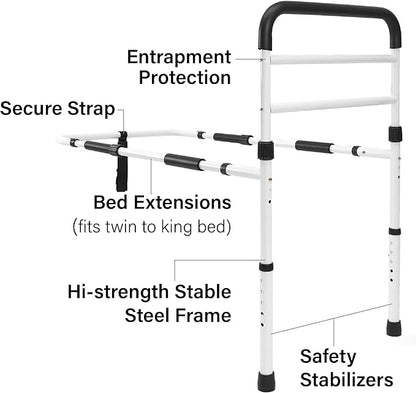 Vaunn Medical New Adjustable Bed Assist Rail Handle (Passed ASTM F3186–17 Safety Standard) and Hand Guard Grab Bar, Bedside Safety and Stability (Tool-Free Assembly)