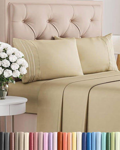 Queen Size 4 Piece Sheet Set - Comfy Breathable & Cooling Bed Sheets Set - Hotel Luxury Bedding for Women, Men, Kids, Teens, Boys & Girls - Deep Pockets, Ultra-Soft, Wrinkle Free - Oeko-Tex - Beige
