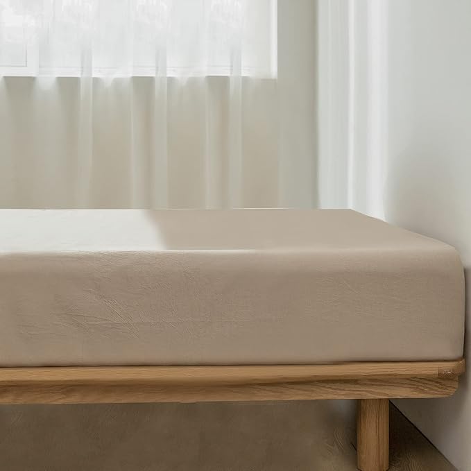 MooMee Fitted Bottom Sheet Only 100% Washed Cotton Linen Like Textured Breathable Durable Soft Comfy Deep Pocket Fits Mattress up to 17" (Taupe, Twin)