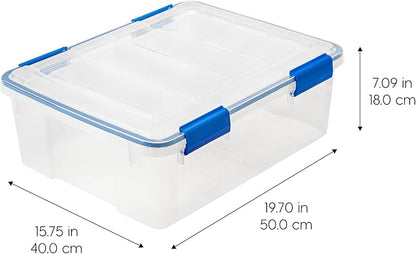 IRIS USA 26.5 Quart WEATHERPRO Plastic Storage Box with Durable Lid and Seal and Secure Latching Buckles, 3 Pack, Weathertight, Keep Pest Dust and Moisture Out, for Oversized Bulky Items, Clear/Blue