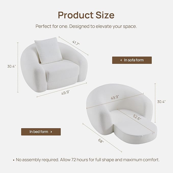 SICOTAS 49.9" Curved Convertible Sofa Couch Bed for Living Room Futon Cloud Boneless Sleeper Chair Pull Out Floor Couch with Deep Seat Single Sofa Foam Lounger No Assembly for Bedroom Apartment, White
