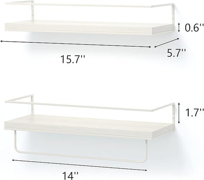 Shario Floating Shelves - Set of 2, Wall Mounted Hanging Shelves with White Towel Rack, Decorative Storage Shelves for Bathroom, Kitchen, Living Room & Bedroom (Rustic White)