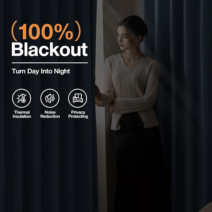 100% Blackout Curtains Thick Soft Curtain 2 Panels for Bedroom, Linen-Look Textured Full Light Blocking Room Darkening Thermal Insulated Drapes for Bathroom/Kitchen Windows (W52xL45, Blue)