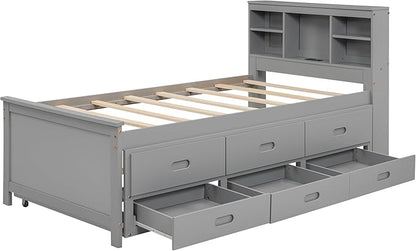 Platform Bed with Storage Headboard, USB, Twin Size Trundle and 3 Drawers, Twin Size, Gray
