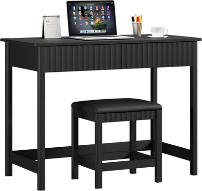 ChooChoo 40 Inch Modern Desk with Drawers, Makeup Vanity Desk with Padded Stool, Small Home Office Desk for Bedroom, Black