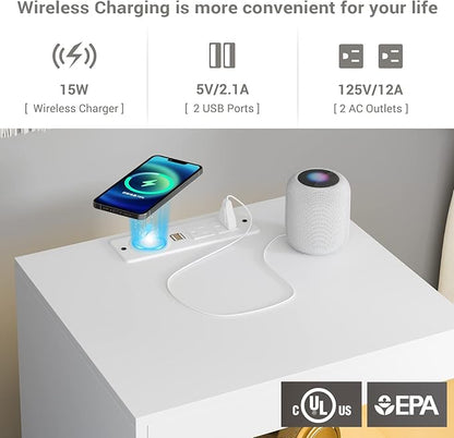 Tiptiper LED Nightstand with Wireless Charging Station, Bedside Table with LED Lights, End Table with 2 Drawers, 1 Pull-Out Tray and Open Storage, Modern Night Stand with USB Ports and Outlets, White
