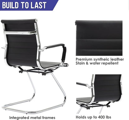 Wahson Office Guest Chairs Set of 2, Leather Reception Chairs, Mid Back Waiting Room Chair, Conference Chairs with Sled Base, Desk Chair No Wheels for Meeting/Lobby/Restroom, Black