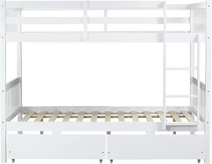 Full Over Full Bunk Bed with Storage Drawers,Convertible Bunk Beds with Ladder & Safety Guardrails,Full Size Bunk Beds for Kids Girls Boys,White