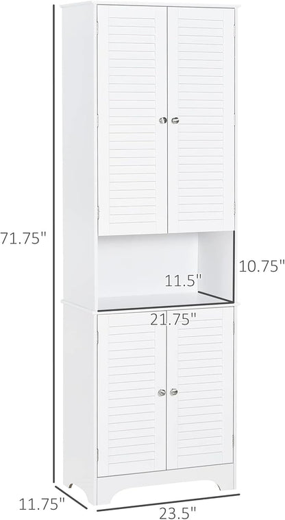 HOMCOM Tall Narrow Bathroom Storage Cabinet with Doors and Shelf Adjustability, Freestanding Linen Cabinet with 2 Cabinets and Countertop, White