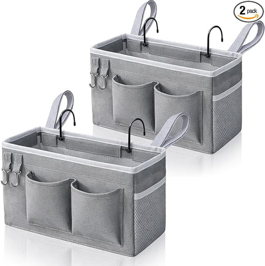 Kanrichu 2pcs Bedside Caddy Hanging Storage Bag, Water Cup Holders, Organizer Baskets with Pockets for Bunk Bed Shelf, Hospital Beds, Loft & Dorm Rooms Accessories (Bedside bag-Grey)