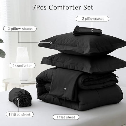 JOLLYVOGUE Oversized King Comforter Set, Ultra-Soft Bed in a Bag Oversized King Size 7 Pieces, Oeko-TEX Certified Bedding Set with Down Alternative Comforter, Sheets, Pillowcases & Shams, Black
