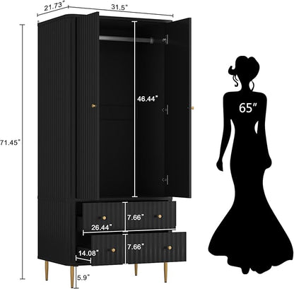 HLR 72" Modern Armoire Wardrobe Closet with Doors and Drawers, Bedroom Armoire Cabinet with Hanging Rod, Wooden Clothing Storage Cabinet Set of 2,Black