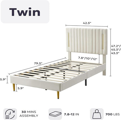 Twin Platform Bed Frame, Velvet Upholstered Bedframe with Vertical Channel Adjustable Headboard, Golden Plating Trim, Mattress Foundation with Wooden Slats, No Box Spring Needed, Beige
